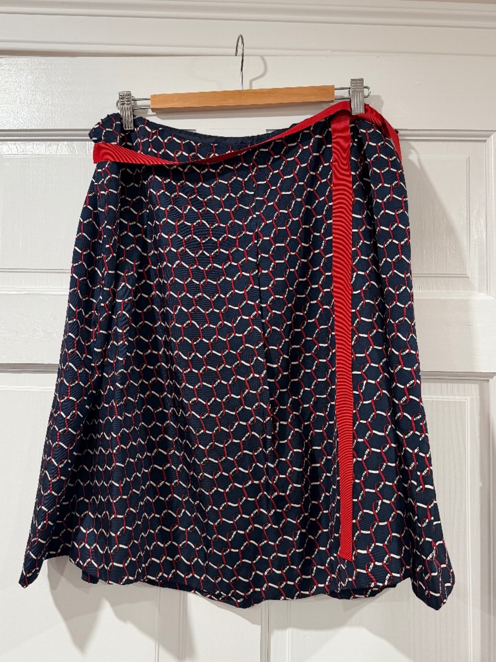 Talbots 100% Silk A-line Skirt Nautical Chain Print w/ Red Ribbon Tie - Size 18W